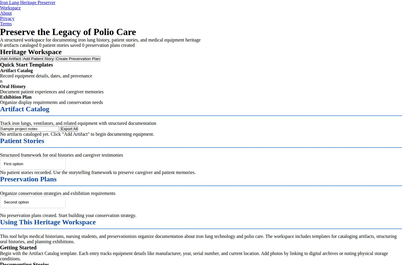 Screenshot of Iron Lung Heritage Preserver interface showing the project page in use